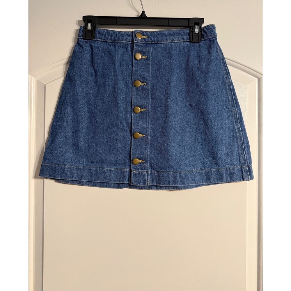 American Apparel Denim Mini Skirt M Blue Button Front A-Line Retro Indie 90s
